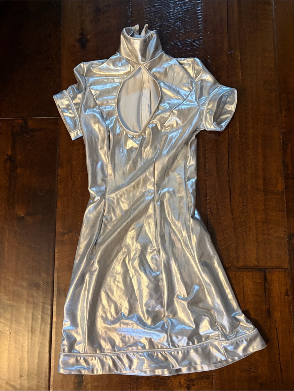 Metallic Silver Mini Dress with Keyhole Neck